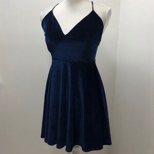 Boohoo Navy Blue Velvet Babydoll V Neck Mini Dress Size S
